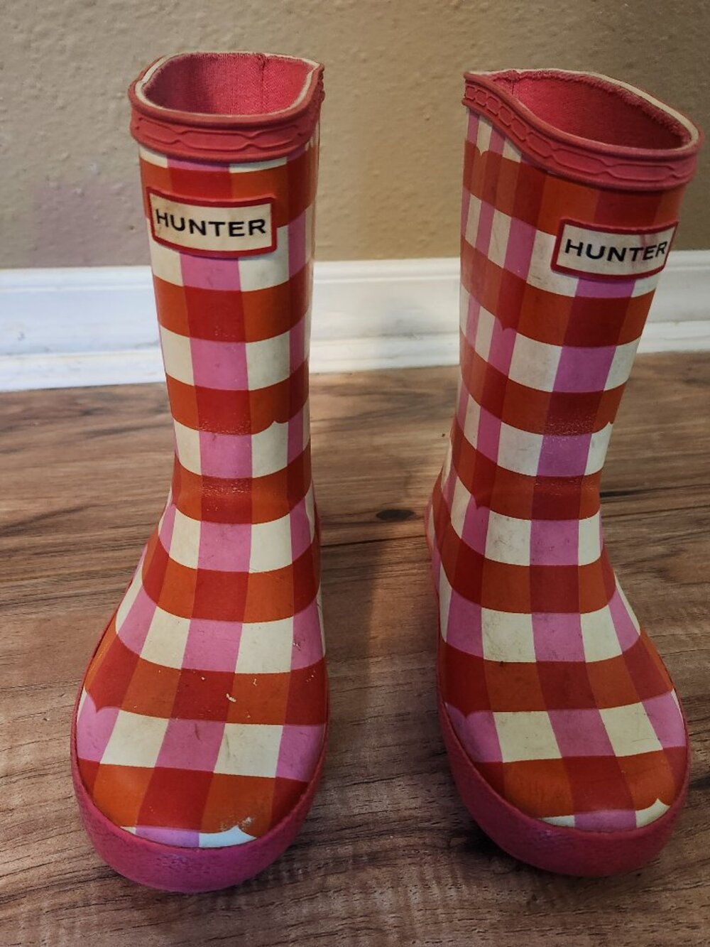 Hunter Girls 8 Pink Checkered Rain Boots Orange Pink White